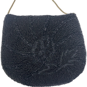 LA REGALE Black Beaded Evening Hand Bag w/Shoulder Chain Strap‎